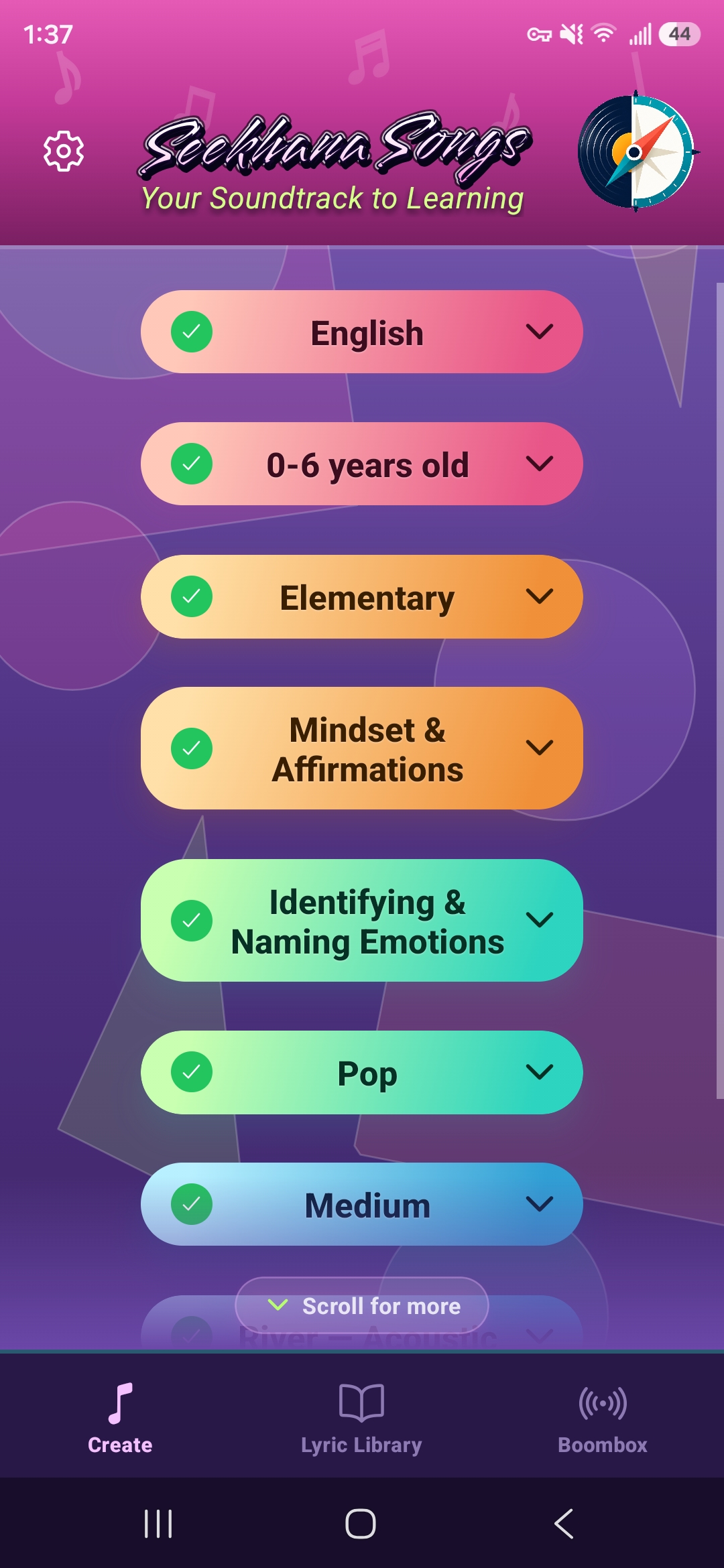Seekhana Songs Create screen — Boombox theme with language, age range, subject, topic, genre, level, vocalist, and song length dropdowns